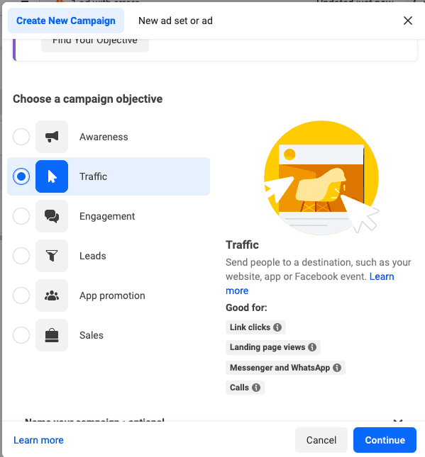 Facebook Traffic Ads Campaign Objective Overview